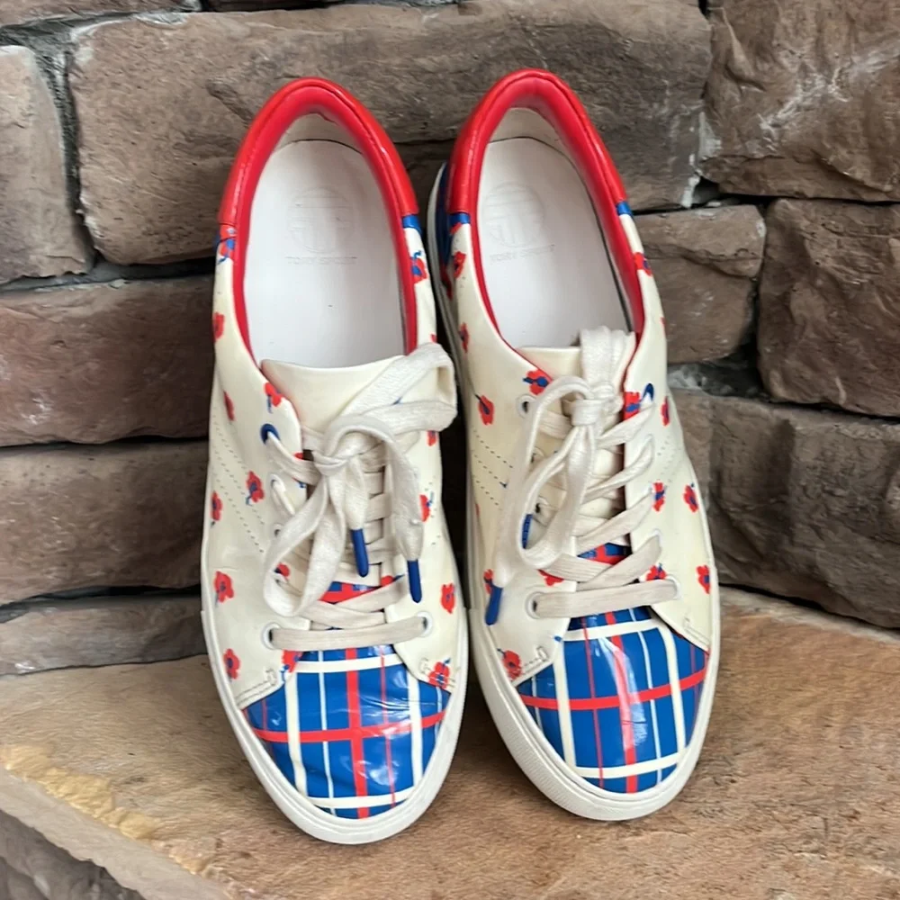 Tory Burch Cream Leather Golf Sneakers with Red and Blue Floral Print